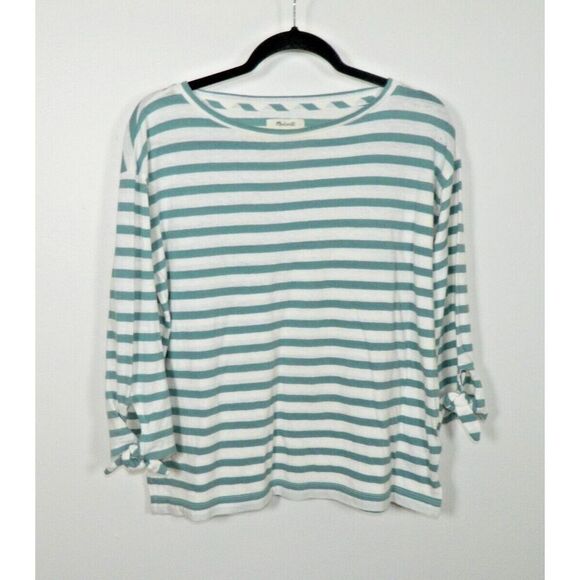 Madewell T-Shirt  Womens Size Medium White Green Striped 3/4‎ Knotted Sleeves - Picture 4 of 7